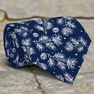 Pinecone Branch Snow Navy Pattern Christmas Tie