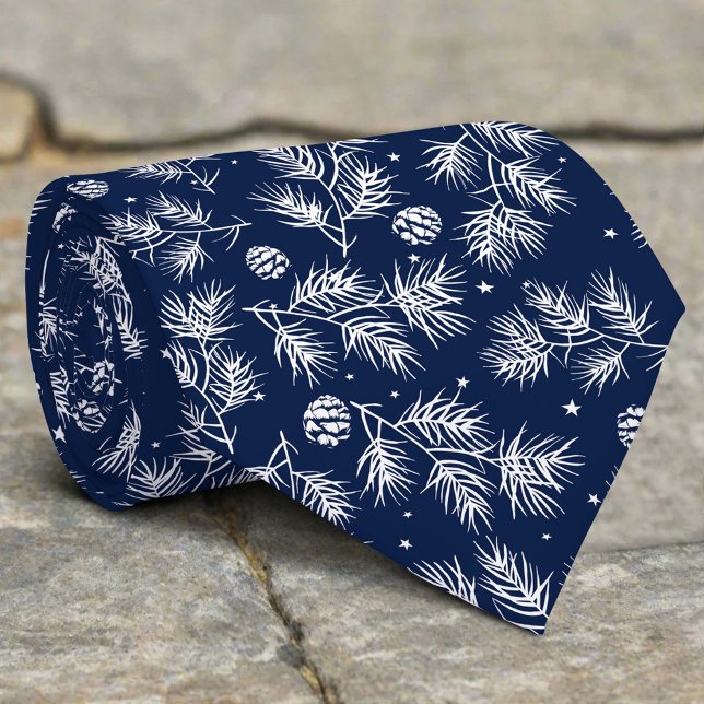 Pinecone Branch Snow Navy Pattern Christmas Tie (Creator Uploaded)