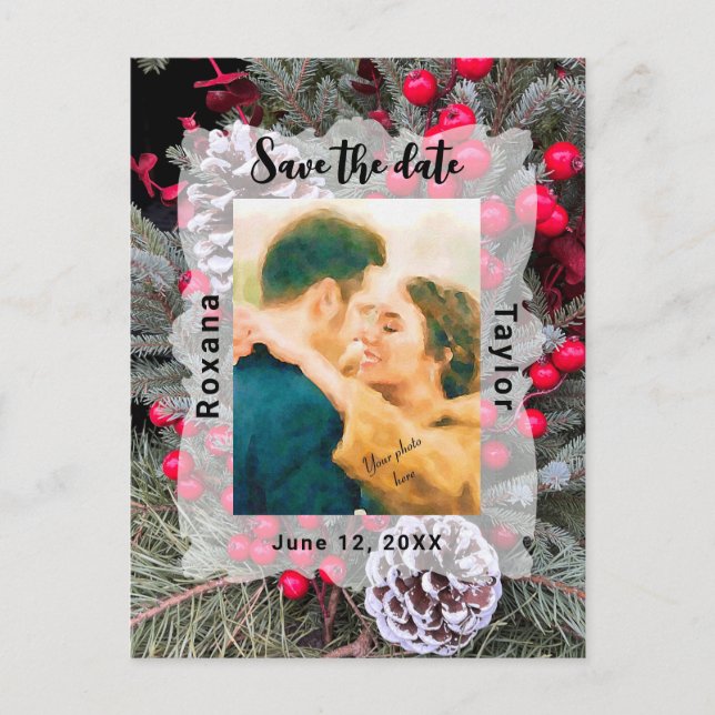 Pinecone Evergreen Berries Wedding Photo Save Date Postcard (Front)