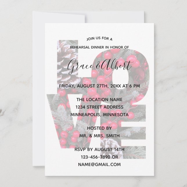 Pinecone Evergreen RedBerries-LOVE Rehearsal  Invitation (Front)
