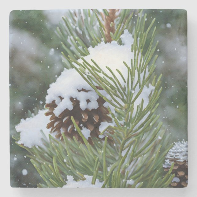 Pinecone in Snow on Pine Tree Christmas Holiday Stone Coaster (Front)