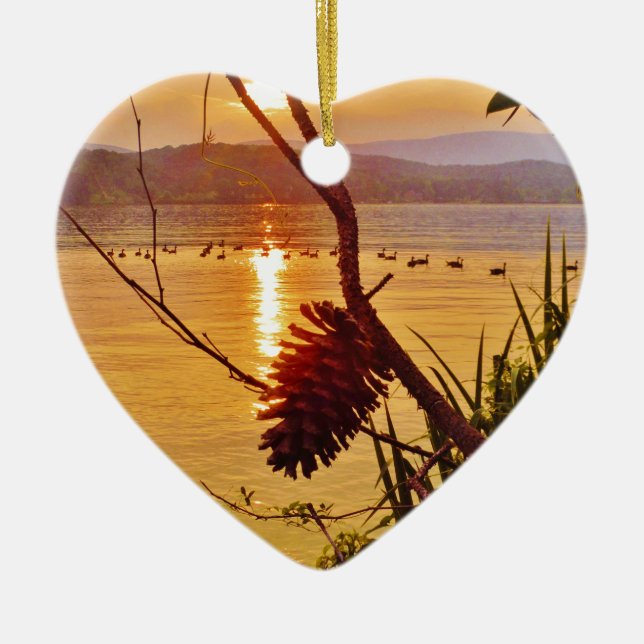 Pinecone Lake sunset Ceramic Tree Decoration (Front)