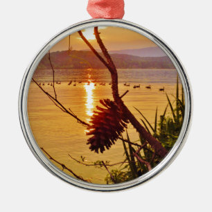 Pinecone Lake sunset Metal Tree Decoration