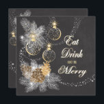 Pinecone Ornaments Chalkboard Christmas Invitation<br><div class="desc">Festive Christmas theme features Chalkboard artwork with pine cones, pine branches and delicate gold accented Holiday ornaments and dusting of sparkle look dots. Front of card has Ornate typography text saying Eat, Drink and Be Merry. Customise all to the text on card back with your Christmas Party or Open House...</div>