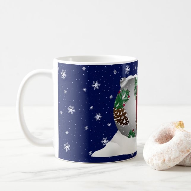 Pinecone ornaments with snowy sky Christmas mug. Coffee Mug (With Donut)