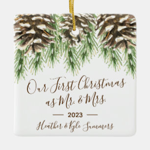 Pinecone Our First Christmas as Mr. & Mrs. Ceramic Ornament
