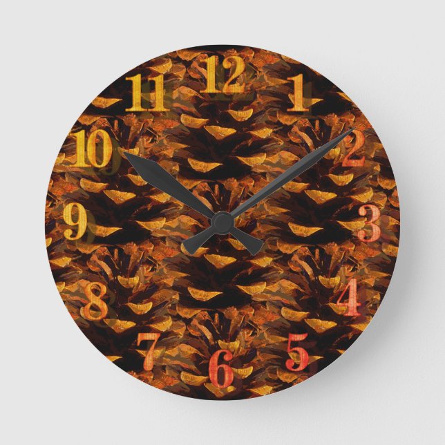 Pinecone pattern rustic fall nature round clock (Front)