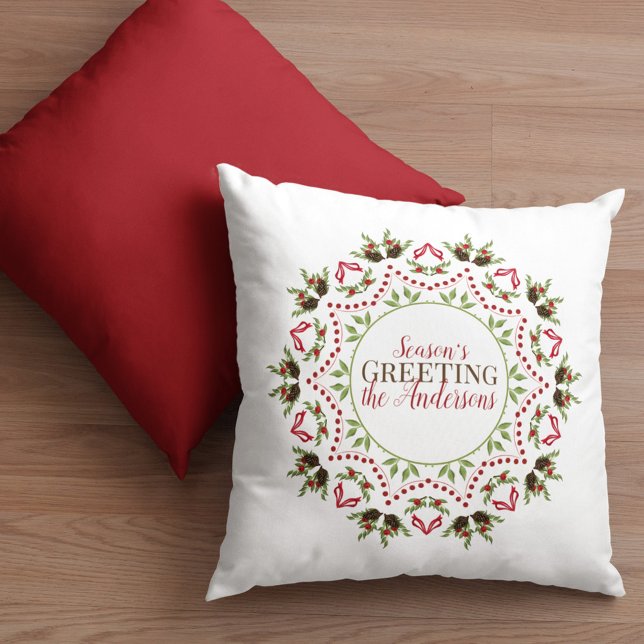 Pinecone Red Christmas Holly Elegant Mandala Cushion (Season's Greeting holiday decorative throw pillow)