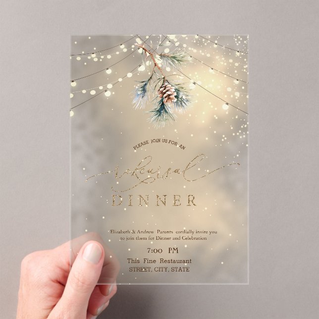 Pinecone String Lights Winter Rehearsal Dinner Acrylic Invitations (Insitu (Handheld))