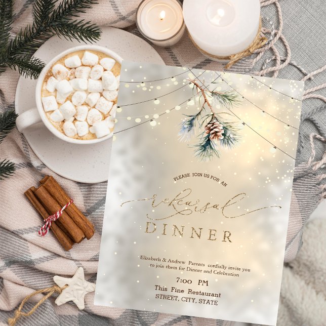 Pinecone String Lights Winter Rehearsal Dinner Invitation (Creator Uploaded)