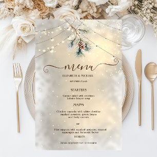 Pinecone String Lights Winter Wedding Menu Card