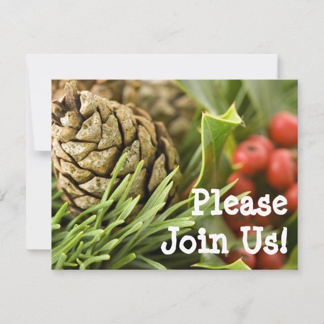 Pinecone with Holly Custom Christmas Invitations (Front)