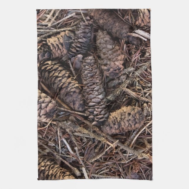 Pinecones and Pine Needles on Forest Floor Tea Towel (Vertical)