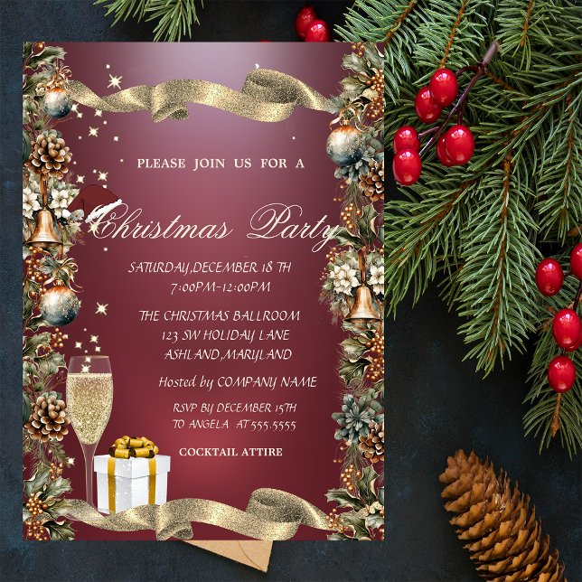Pinecones,Bells,Balls,Glass,Red Company Christmas Invitation (Creator Uploaded)