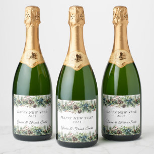 Pinecones Berries Garland HAPPY NEW YEAR  Sparkling Wine Label