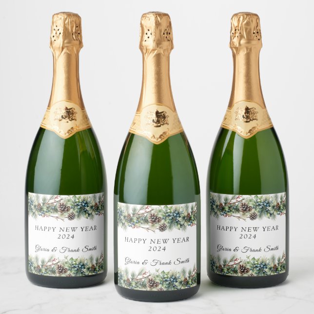 Pinecones Berries Garland HAPPY NEW YEAR  Sparkling Wine Label (Bottles)