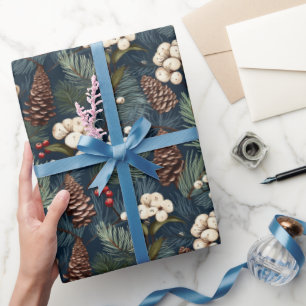 Pinecones Branches Blue White Brown Xmas Pattern  Wrapping Paper