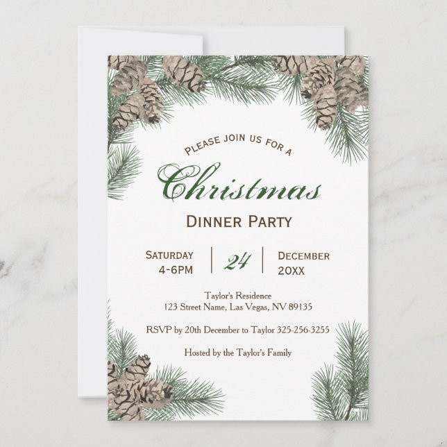 Pinecones Christmas Dinner Party Invitation (Front)