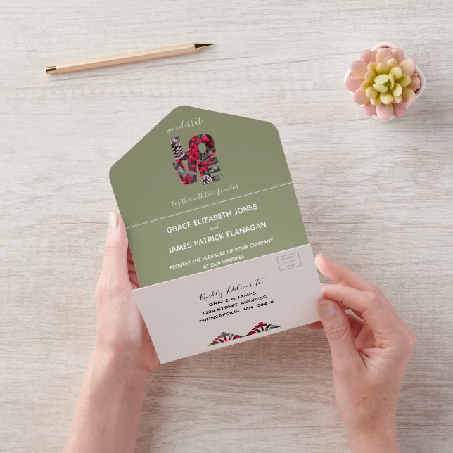 Pinecones Evergreens Red Berries Wedding All In One Invitation (Video)