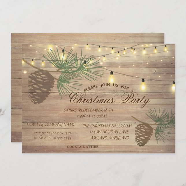 Pinecones,Wood,String Lights Christmas Corporated Invitation (Front/Back)