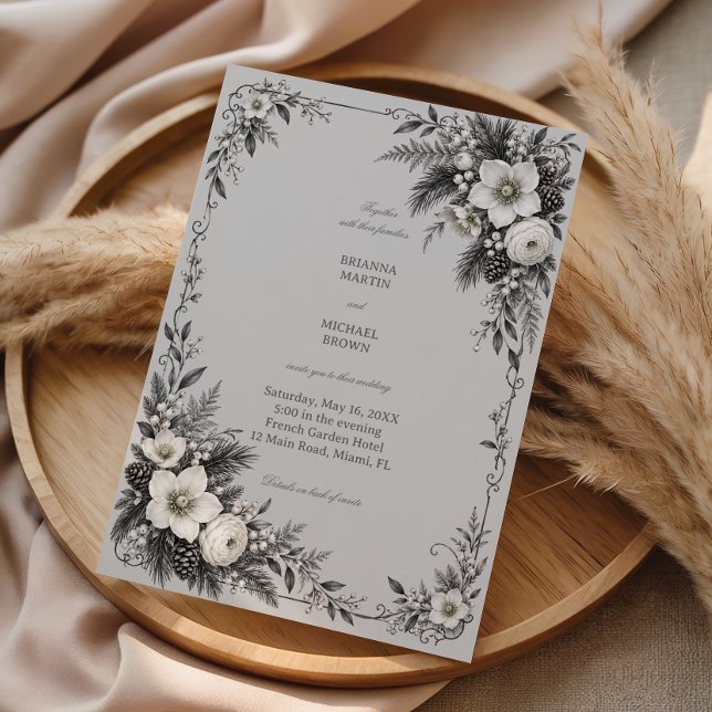 Pinecones Woven Through Silvery Blossoms Invitation (Creator Uploaded)