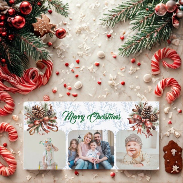 Pineneedle Merry Christmas Modern 3 Photo Collage  Holiday Card (Creator Uploaded)