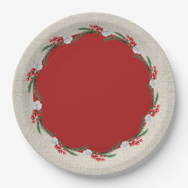 Pines Berries and Flowers Christmas Holiday Paper Plate (Front)