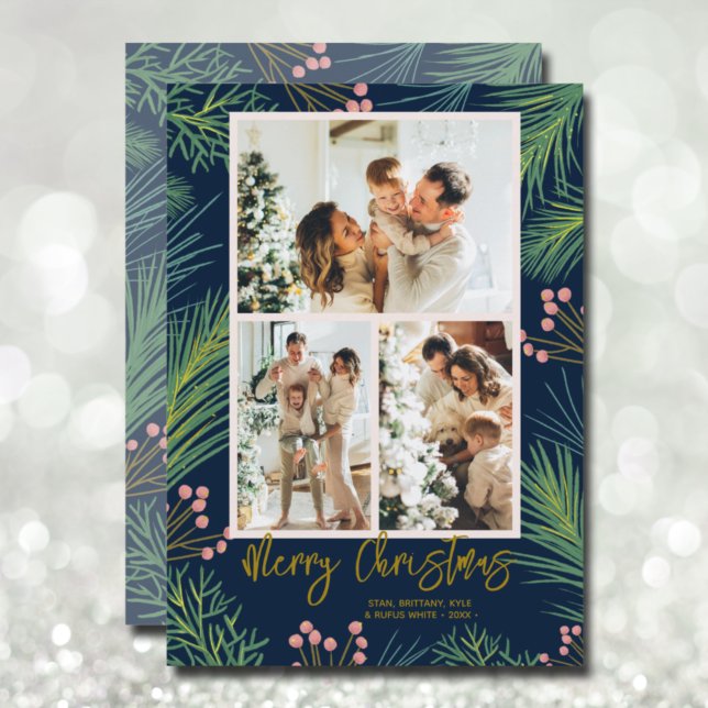 Pines Berries Multi Photo Navy Blue Christmas Holiday Card (Creator Uploaded)
