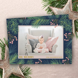 Pines Berries on Navy Photo Holiday Card
