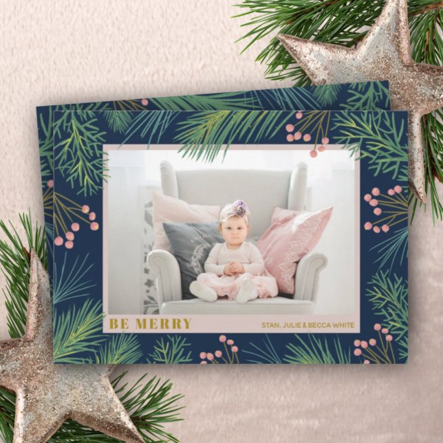 Pines Berries on Navy Photo Holiday Card (Creator Uploaded)
