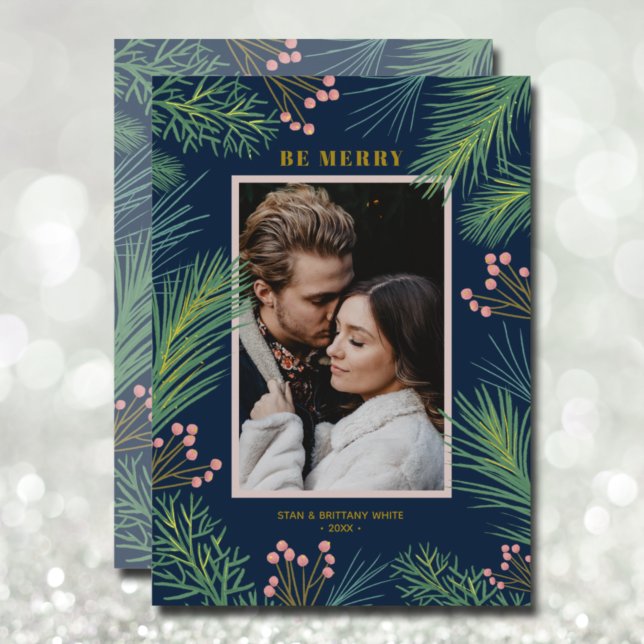 Pines Berries Photo Navy Blue Christmas Holiday Card (Creator Uploaded)