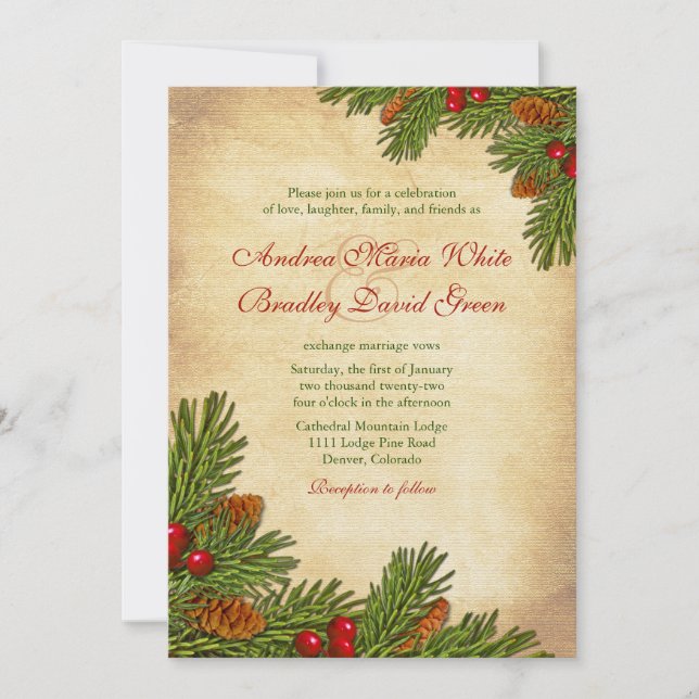 Pines Boughs Holiday Winter Wedding Invitation (Front)