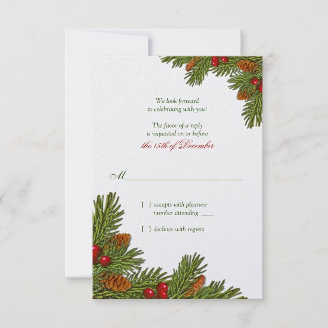 Pines Boughs Holiday Winter Wedding RSVP Card (Front)