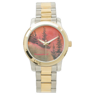 Pines, hills, sky, landscape in sunset colours watch