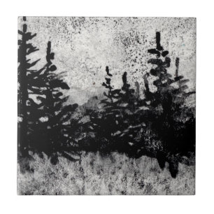 Pines in a line in black and white watercolor tile