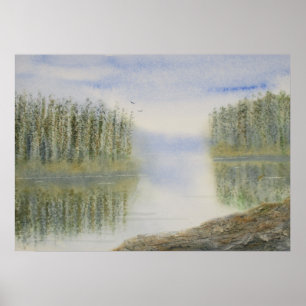 Pines Lake Watercolor Landscape Poster
