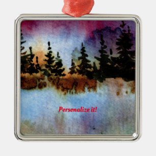 Pines on a cliff with a colourful sky and fog meta metal tree decoration