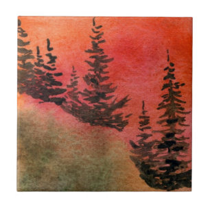 Pines on a hill with a dramatic red sunrise sky tile