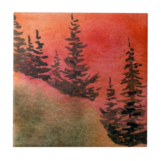 Pines on a hill with a dramatic red sunrise sky tile (Front)