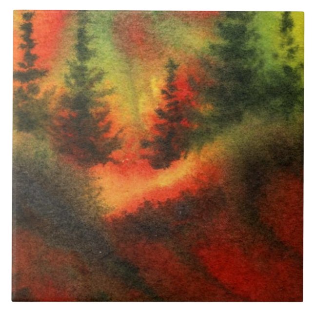 Pines on a hill with intense misty sunset colours tile (Front)