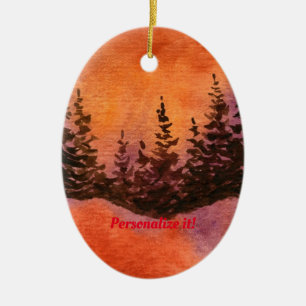 Pines on a hill with soft red sunset ceramic tree decoration