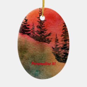 Pines on a hill with soft red sunset ceramic tree decoration