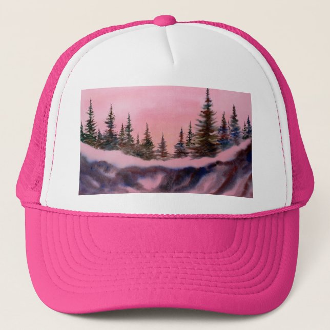 Pines on a snow covered ridge in pink sunrise trucker hat (Front)