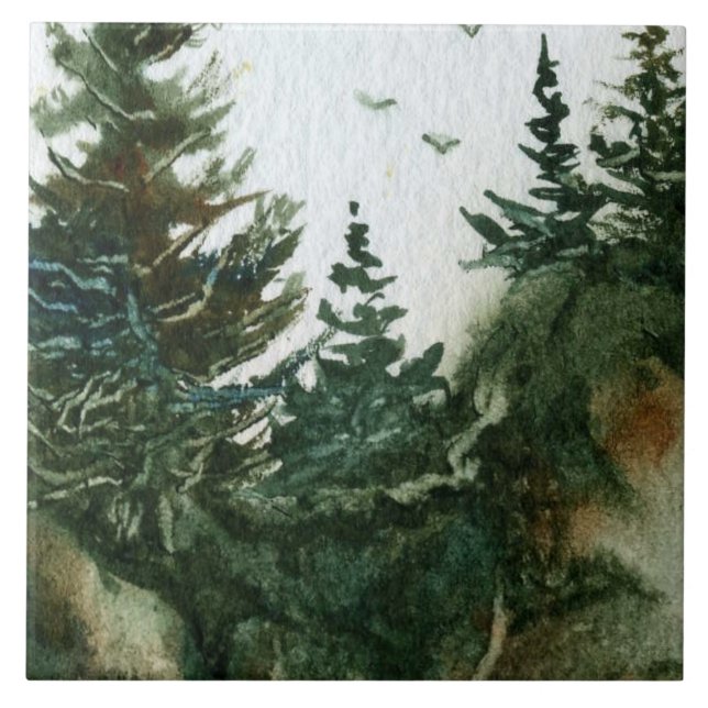 Pines on rocks with birds in flight country tile (Front)