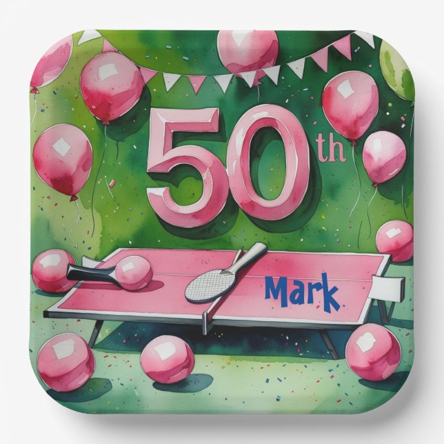  Ping pong 50th Birthday with number 50 Paper Plate (Front)