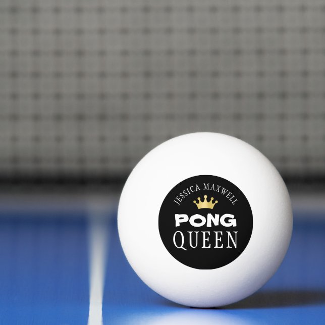 PING PONG QUEEN Gold Crown Personalised Black Ball (Net)