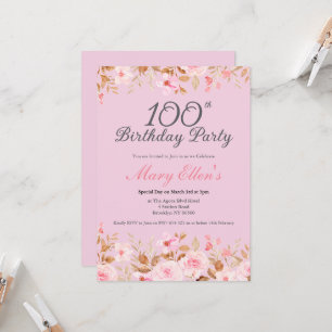 Pink 100th Birthday Party Floral Elegant Celebrate Invitation