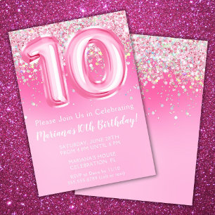 Pink 10th Birthday Invitation Girly Pink Glitter