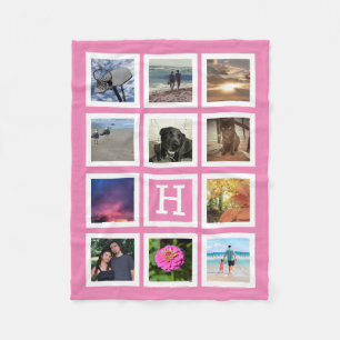 Pink 11 Photo Collage Mosaic Square Frame Monogram Fleece Blanket