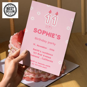 pink 11th birthday invitation girls
